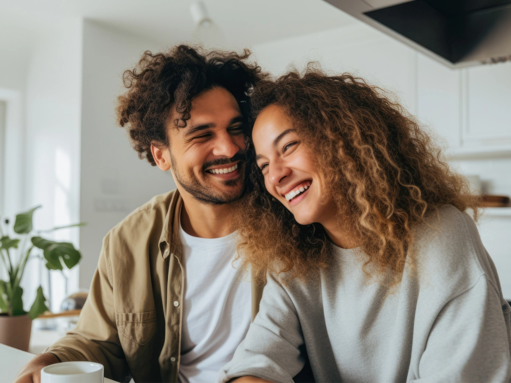 portrait of couple having a coffee or tea in modern kitchen