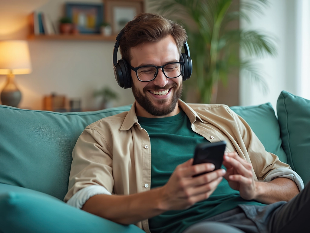 happy guy relaxes using phone while listening favorite songs